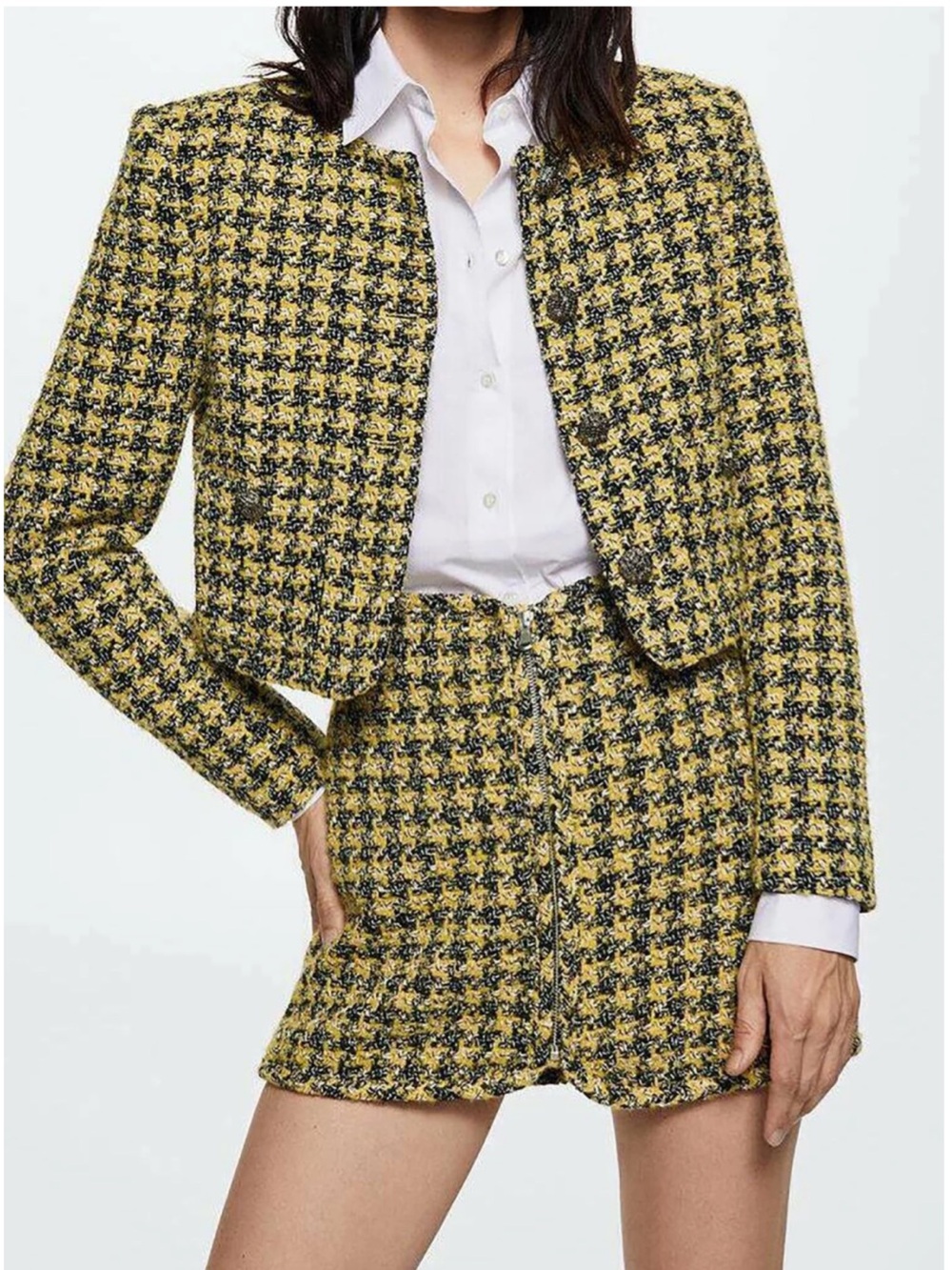 Mango NWT Tweed Houndstooth Jacket Skirt Set Yellow Black XXL